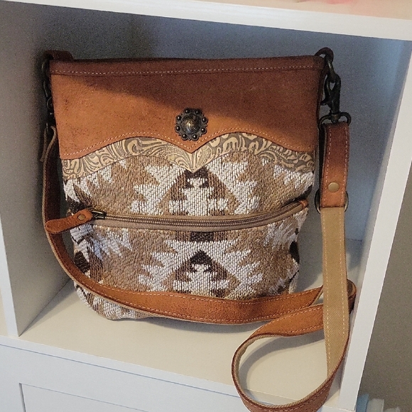 Myra Bag Handbags - Myra Bag Cotton Vegan Leather Boho Brown Cream Crossbody Bag adjustable strap